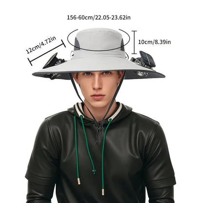 Unisex Solar Powered Black Fan Outdoor Fishing Wide Brim Sun Hat For Camping And Work