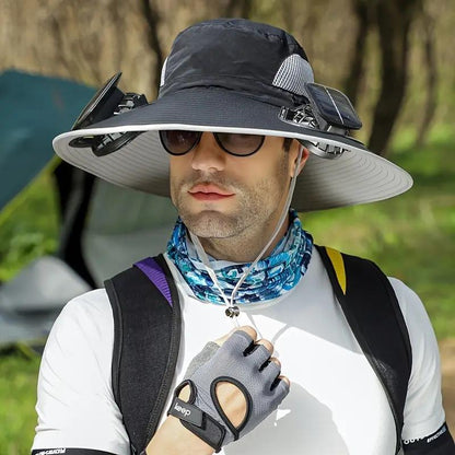 Unisex Solar Powered Black Fan Outdoor Fishing Wide Brim Sun Hat For Camping And Work